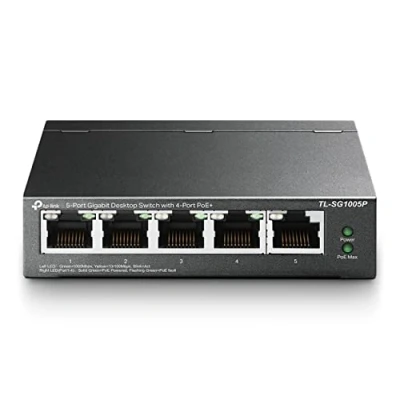 Imagen de TP Link TL SG1005P 5 Puertos Gigabit PoE Switch 4 65W 802.3af Obediente blindados Optimización de tráfico Plug and Play Fuerte Carcasa Metálica