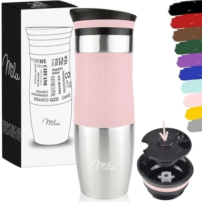 Imagen de Milu Taza aislante de café y té para llevar 370ml 450ml 100% a prueba fugas acero inoxidable beber vaso aislamiento al vacío Caliente frío (Rosa, 450ml)