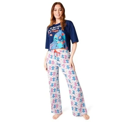 Imagen de Disney Stitch Pijamas para Mujer Baby Yoda Pijama con Pantalón y Camiseta Corta Largo S XL Regalos, Navidad (Azul Marino Stitch, L)