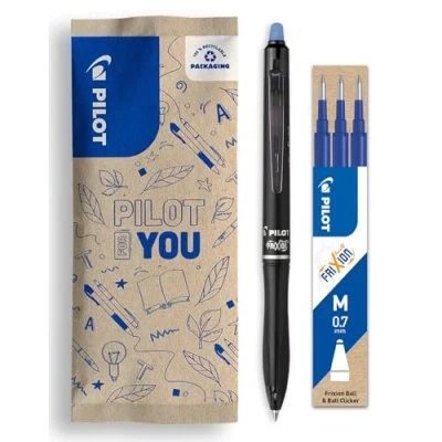 Imagen de PILOT Caja de 1 FriXion Ball 07 Plus + Set 3 Recambios Bolígrafo Borrable con Tinta Termosensible Rollerball Recargable y Retráctil Fabricado Plástico Reciclado Azul Punta Media