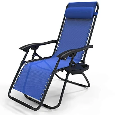 Imagen de VOUNOT Tumbona Plegable Multiposicione Jardín, Silla Gravedad Cero Reclinable, con Soporte para Bebidas y Reposacabezas Axtraíble, Carga máxima 120kg, Azul
