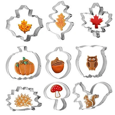Imagen de WEDNOK 9 piezas Cortadores de galletas otoño acero inoxidable DIY Hoja arce roble Ardilla Bellota calabaza