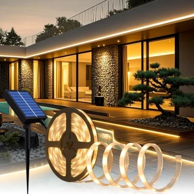 Imagen de Tira de Luces LED Solares Exteriores, 5m 280 IP67 a Prueba Agua, Blancas Cálidas con Control Remoto, 8 Modos Iluminación 2835 SMD Cuerda para Jardín