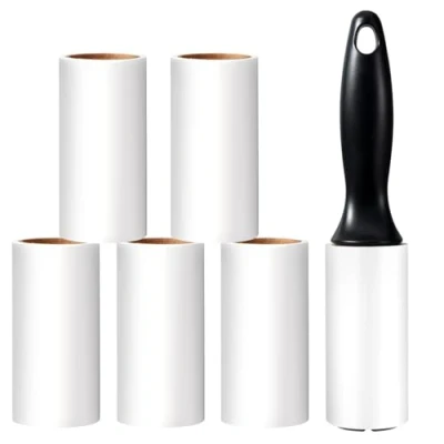 Imagen de Vinabo Rodillo Quitapelos Mascotas, 1 Mango + 6 Rollos de Hojas Adhesivas, Adhesivo para Ropa, Quitapelusas Pelo, Sofá, Cama, Pelo Gato y Perro 60/Rollo
