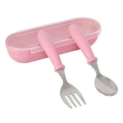 Imagen de Nivofu Cubiertos Infantiles de Acero Inoxidable, para Niños mango redondo, Cubertería Juego Tenedor y Cuchara con Caja Uso en Hogar Escuela (Rosa)