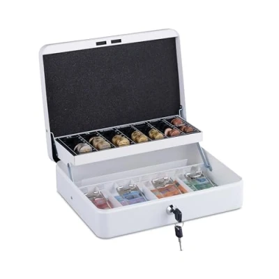 Imagen de Relaxdays Caja de Dinero, Cerradura, Hierro, Bandeja para Monedas y 4 Espacios Billetes, 8,5x30,5x24,5 cm, Blanco
