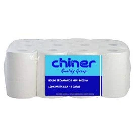 Imagen de Chiner Pack de 12 Rollos Secamanos Mini Mecha 100% Celulosa 2 Capas Toallas Papel para Manos Industrial, Blanco, (Paquete rollos)