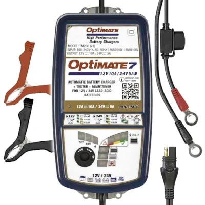 Imagen de Optimate TecMate 7 12V/24V, TM 260, Cargador mantenedor con Modo de recuperación para baterías Selladas 12V 10A/ 24V y 5A en 8 Fases