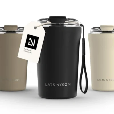 Imagen de LARS NYSØM Taza térmica Café para llevar con correa y Tapa Tritan Termo de 0,38 litros aislante Travel mug acero inoxidable a prueba fugas (Carbon Black, 380ml)