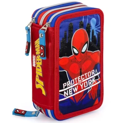 Imagen de Clondo Estuche triple relleno, 44 accesorios escolares, 3 cremalleras, 20 cm, Spidermanprotector25, Portalápices