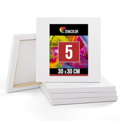 Imagen de Zenacolor Lienzos para Pintar 30x30 Set de 5 Enmarcados Tela Blanca 100% Algodón Canvas Pintura Acrilica, Oleo, Gouache y Acuarela