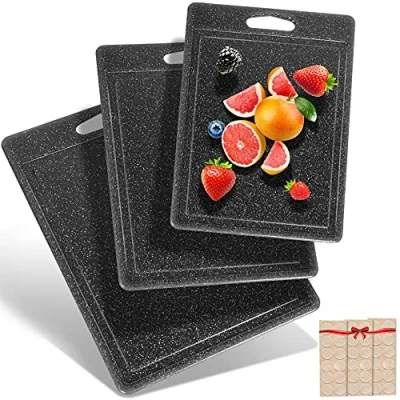 Imagen de DIFULI Tablas de Cortar Cocina 3 Piezas, Aspecto Granito, Pegatinas 100% Antideslizantes y Canal Zumo, Sin BPA, con Mango, Plástico Antibacteriano, Apto Para Lavavajillas