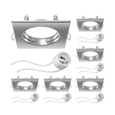 Imagen de ledscom.de 6 piezas marco empotrable de techo RIR cromo mate angular (LED/Halógeno/GU10/MR16/PAR16/50mm) incl. casquillo GU10