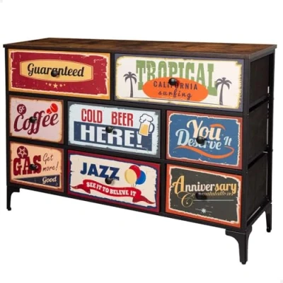 Imagen de AKTIVE 18403 MAX Home Cómoda Dormitorio Multiusos, Gráficos Retro y Vintage, 8 cajones de Tela, 103x30x77 cm, Estructura Acero, Tablero Madera, Mesitas Noche, Muebles salón