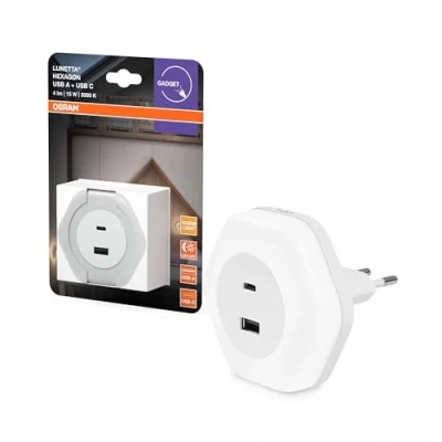 Imagen de OSRAM luz nocturna enchufable LUNETTA HEXAGON, blanca, 5W, 5lm, sensor de blanco cálido, puerto USB A y C, tecnología LED, funcionalidad carga, larga duración, IP20, 3000K.