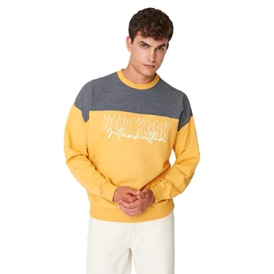 Imagen de Trendyol Sudadera de Cuello Redondo con Eslogan Gran tamaño, Mostaza, S para Hombre
