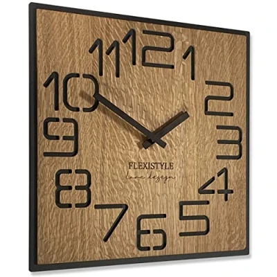 Imagen de FLEXISTYLE Moderno Reloj de Pared Cuadrado Grande Madera Eco 50 cm diámetro, Silencio, Aspecto Madera, Roble, salón, Dormitorio, (Digits 40 cm)