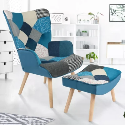 Imagen de IDMarket Ivar Sillón escandinavo con reposamuñecas en tejido Patchwork y terciopelo azul