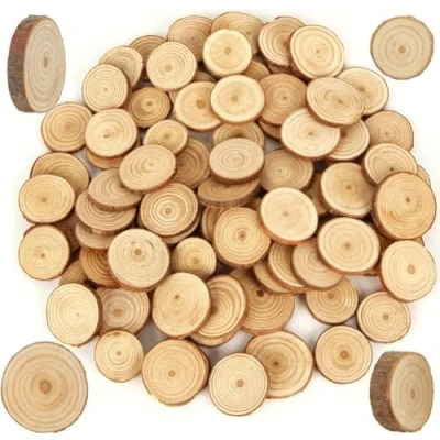 Imagen de 100PCS Rodajas de Madera Círculos, BetterJonny Rebanada Natural Maderas Naturales Perforado Con Corteza Árbol para Adornos Halloween Navidad Manualidades, No más 3 cm