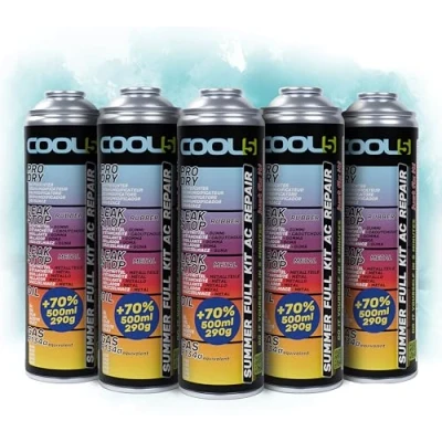 Imagen de COOL5 5en1 5 x kit de reparación A/C, AC, recambio refrigerante R134a, para recarga aire acondicionado coches 1995 2016 BOMBAS + APC 500ml
