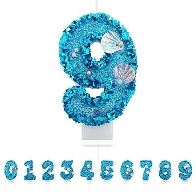 Imagen de Velas Cumpleaños Números 9,3D Sirena Azul Vela,Vela de Número 9 Pastel Decoración,Aniversarios,Baby Shower