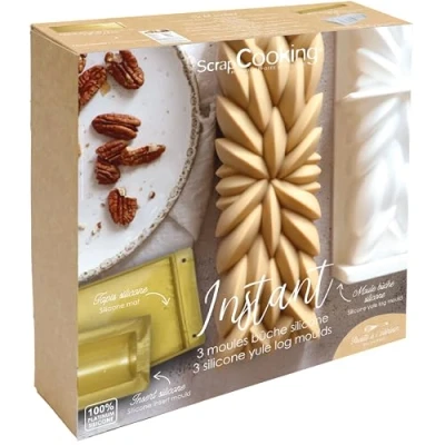 Imagen de ScrapCooking Estuche de moldes tronco Navidad Instant 3 silicona para troncos 3D, inserto y alfombra bizcocho con recetas canalón suave repostería dorado 1940