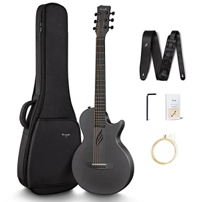 Imagen de Enya Nova Go guitarra acústica de 33 pulgadas, fibra carbono, moldeado integral, mini kit inicio con estuche y correas (negro)