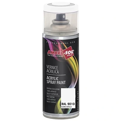 Imagen de AMBRO SOL Pintura acrílica en spray, color Blanco Brillo 1, RAL 9010, resultado profesional múltiples superficies, exteriores e interiores, 400 ml