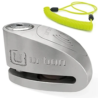Imagen de URBAN UR910S Candado Moto Disco Sin o Con Alarma X2 ON 120dB, Alta Seguridad Homologado SRA, Doble Cierre 10mm Anti Sierra, Acero Inoxidable, Pila CR2 Larga Duración, Bloqueo Pinza Antirrobo Scooter