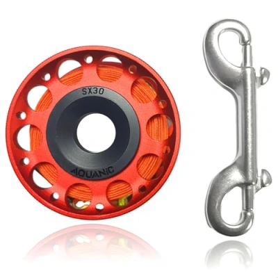 Imagen de carrete de buceo 101 pies, dedo con perno doble extremo, clip a presión, aluminio para buceo, pesca, color rojo