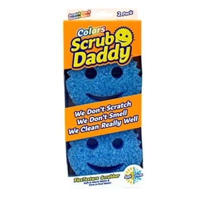 Imagen de Scrub Daddy Colors Estropajo Cara Sonriente Limpieza Anti Rayaduras, Esponja Lavable Antibacteriana y Reutilizable para Cocina Baño, Tecnología Flextexture Azul, Paquete de 2