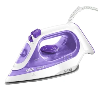 Imagen de Plancha de vapor Braun TexStyle 3 SI3042VI, Suela FreeGlide 3D, Autolimpieza, 2.350 W, 45g/min, Blanco/Violeta