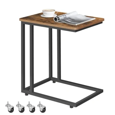 Imagen de VASAGLE Mesa Auxiliar de Estilo Industrial, Lateral con Ruedas y Pies Ajustables, para Dormitorio, Marco Acero, FÁcil Montar, MarrÓn RÚstico Negro LNT50X