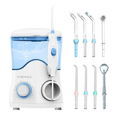 Imagen de TUREWELL Irrigador Dental, cable electrico, blanco, Bucal Professionale con 8 Boquillas Multifuncionales, Capacidad de 600ml, 10 Ajustes Presión del agua, Limpieza Dientes