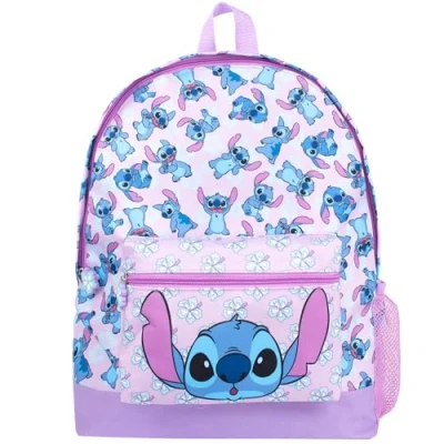 Imagen de Disney mochila escolar de Stitch para niños y niñas, 2 compartimentos, viaje, correas ajustables los hombros bolsillo malla, Morado (