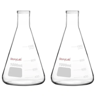 Imagen de stonylab Erlenmeyer Matraces, Paquete de 2 1000 ml Boca Estrecha Muro Pesado Vidrio Borosilicato Matraz Cristalería Laboratorio