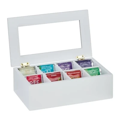 Imagen de Relaxdays Blanca Caja de Té Bambú 8 Compartimentos, 9x28x16 cm, Cápsulas y Bolsitas, con Tapa, a Prueba Polvo