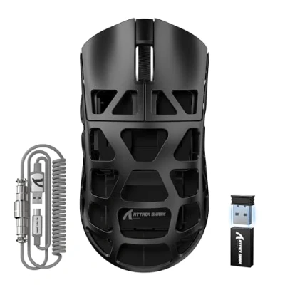 Imagen de ATTACK SHARK R3PRO 46g Superlight Ratón de Aleación Magnesio, 8000Hz Sondeo inalámbrico, 26000DPI Ultraligero Mouse, Sensor PixArt PAW3395, Cableado/2,4G/BT, con Cable en Espiral, PC/Mac, Negro