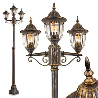 Imagen de lámpara de exterior Ribadeo, candelabro aspecto antiguo, aluminio fundido en negro/oro con cristales, luz camino 3 brazos 225 cm, jardín retro/vintage, E27, IP44, sin bombilla(s)