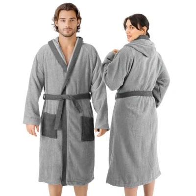 Imagen de HOMELEVEL Albornoz de rizo algodón 100%, para mujeres y hombres gris claro/antracita. XL