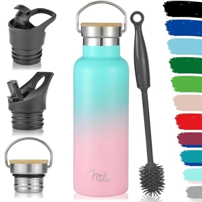 Imagen de Milu Botella de Agua, 500ml, 750ml, 1000ml (+3 Tapas) Acero Inoxidable, Libre BPA, Para Bebidas Calientes, Frías y Carbonatadas (Rosa Menta, 500ml)