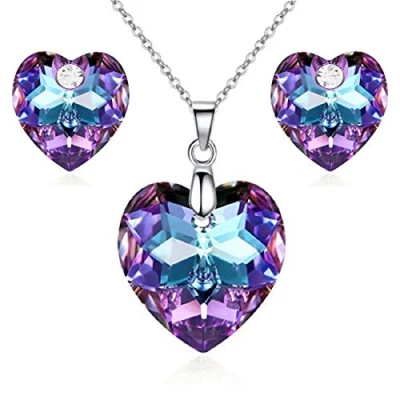 Imagen de Crystalline Azuria Mujer 18ct Chapado en Oro Blanco Corazón Juego de joyas Amor Cristales Violeta Collar con Colgante 45 cm Pendientes para y Niña