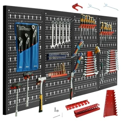 Imagen de CCLIFE Estantería de bricolaje para pared herramientas 4 piezas con 37 Soportes Panel perforado Taller 160 x 60 2 cm