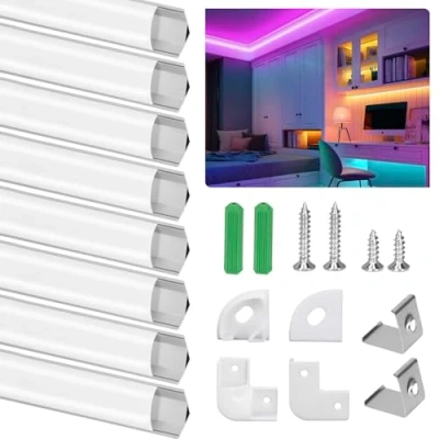 Imagen de Perfil de Aluminio, 8 PCS x 1m Aluminio LED Forma V, Canal para Tira con Cubierta Blanca Lechosa, Conector esquina, los Casquillos Extremo, Clips Montaje
