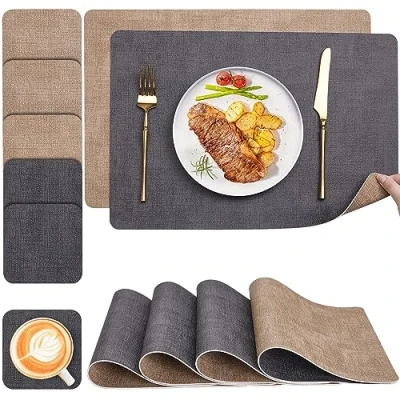 Imagen de Myir JUN Manteles Individuales Plastico, Salvamanteles Antimanchas Lavables de Cuero, Antideslizantes Ipermeable Facil Limpiar Mantel Individual (Juego 6, Gris/Beige)