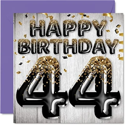 Imagen de Tarjeta de cumpleaños número 44 para hombres, globos negros y dorados con purpurina, tarjetas feliz hombre años, papá, primo, amigo, hermano, tío, 145 mm x mm, cuarenta