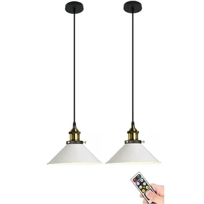 Imagen de lámpara colgante blanca que funciona con pilas control remoto, de techo no cableada, iluminación inalámbrica para dormitorio, comedor, isla cocina (Color : 2 Light)