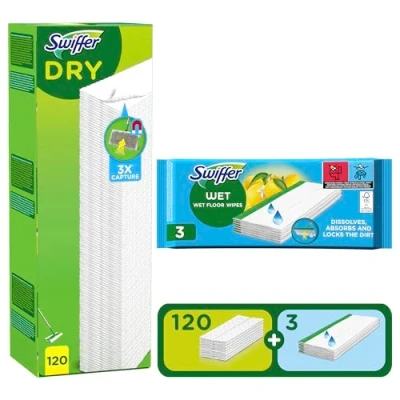 Imagen de Swiffer Paños Secos Para Mopa, Recambios 120 Unidades Y Húmedos Suelos 3 Unidades, Atrapa Retiene Veces Mucho Polvo, Suciedad Pelo Que Una Escoba O Mopa Convencional