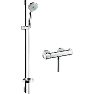 Imagen de hansgrohe Croma 100 set de ducha, ducha mano con termostato Ecostat Comfort, barra 90cm, flexo 160cm, soporte alcachofa 3 tipos chorro, cromo, 27085000
