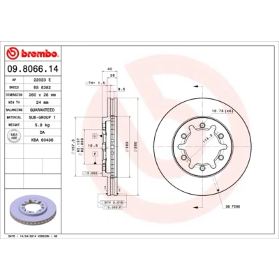Imagen de BREMBO 09.8066.14 Disco de freno 260 26 6 ventilación interna NISSAN: NP300 Pick up, Navara Up